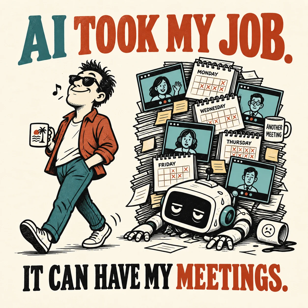 AI took my job. It can have my meetings. A relaxed worker leaves an exhausted robot buried in calendars.