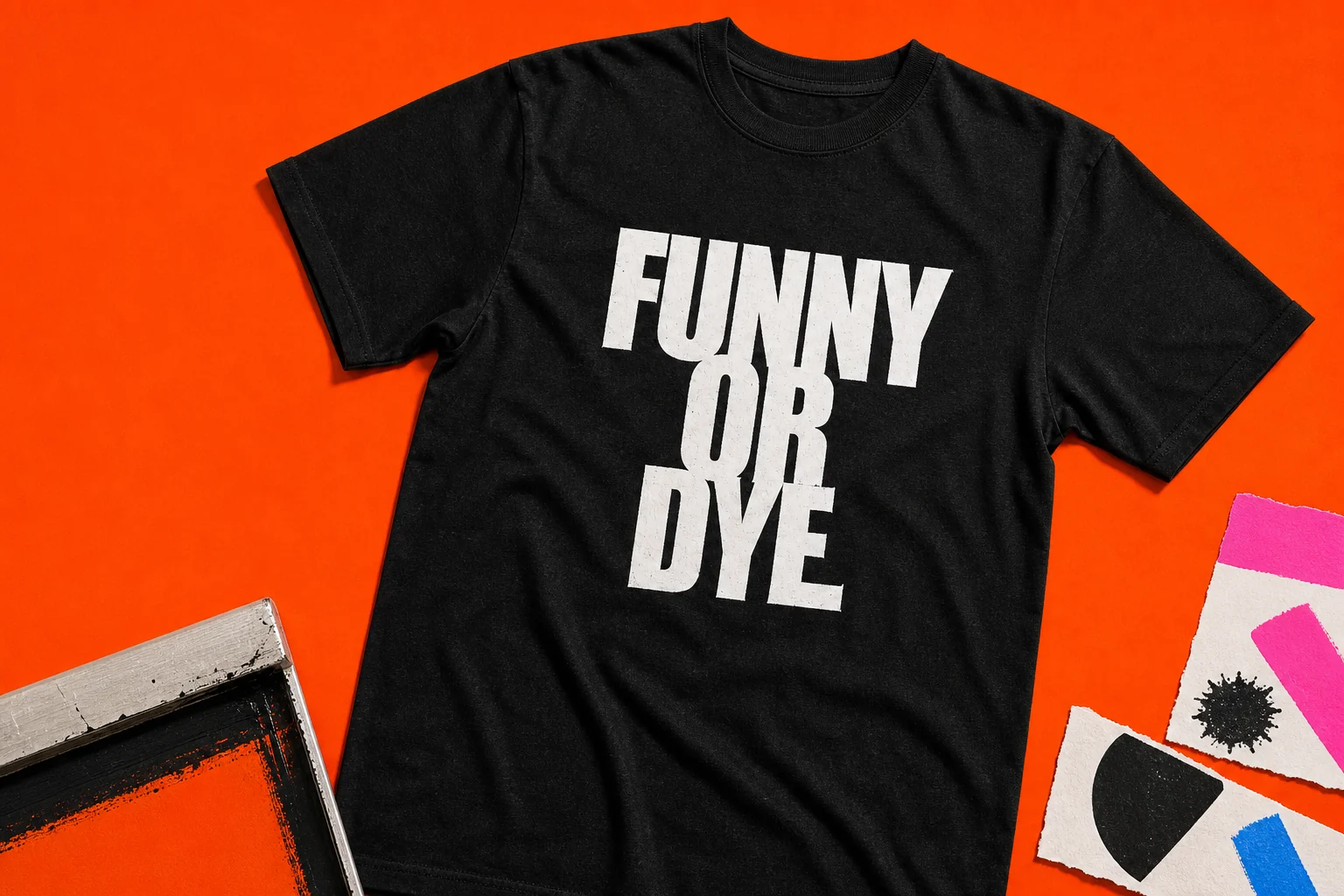 Black Funny Or Dye T-shirt on an orange screen-print backdrop