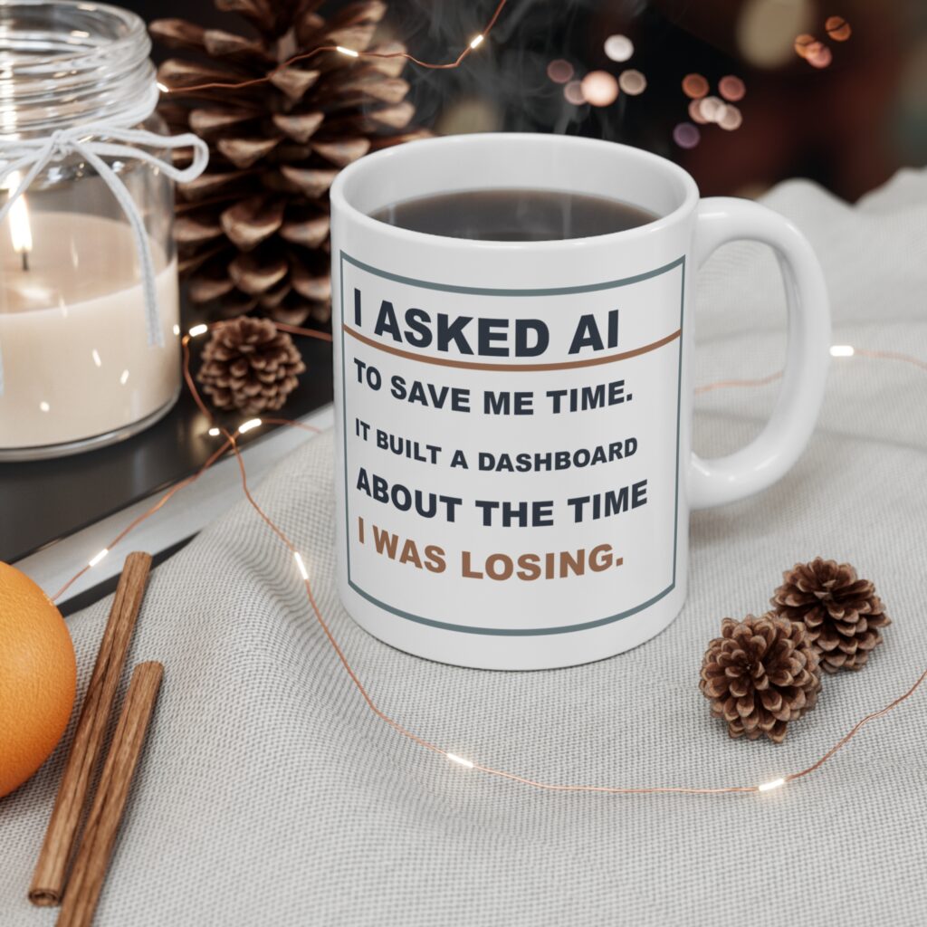 I Asked AI to Save Me Time. It Built a Dashboard About the Time I Was Losing. White Ceramic Mug